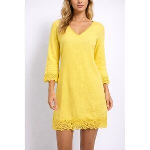 Haris Cotton S Yellow Linen Lace Trim Dress Greece Resort Mediterranean Summer